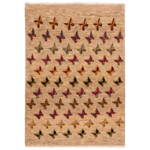 Handwoven Persian Minimalist Gabbeh Rug – Butterfly Motif Cream Wool