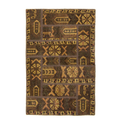 Vintage Persian Hand-Knotted Patchwork Carpet Geometric Brown