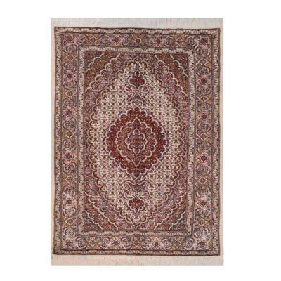 Hand-Knotted Persian Tabriz Riz Mahi Rug (Mahi Medallion / Herati) - Cream Wool