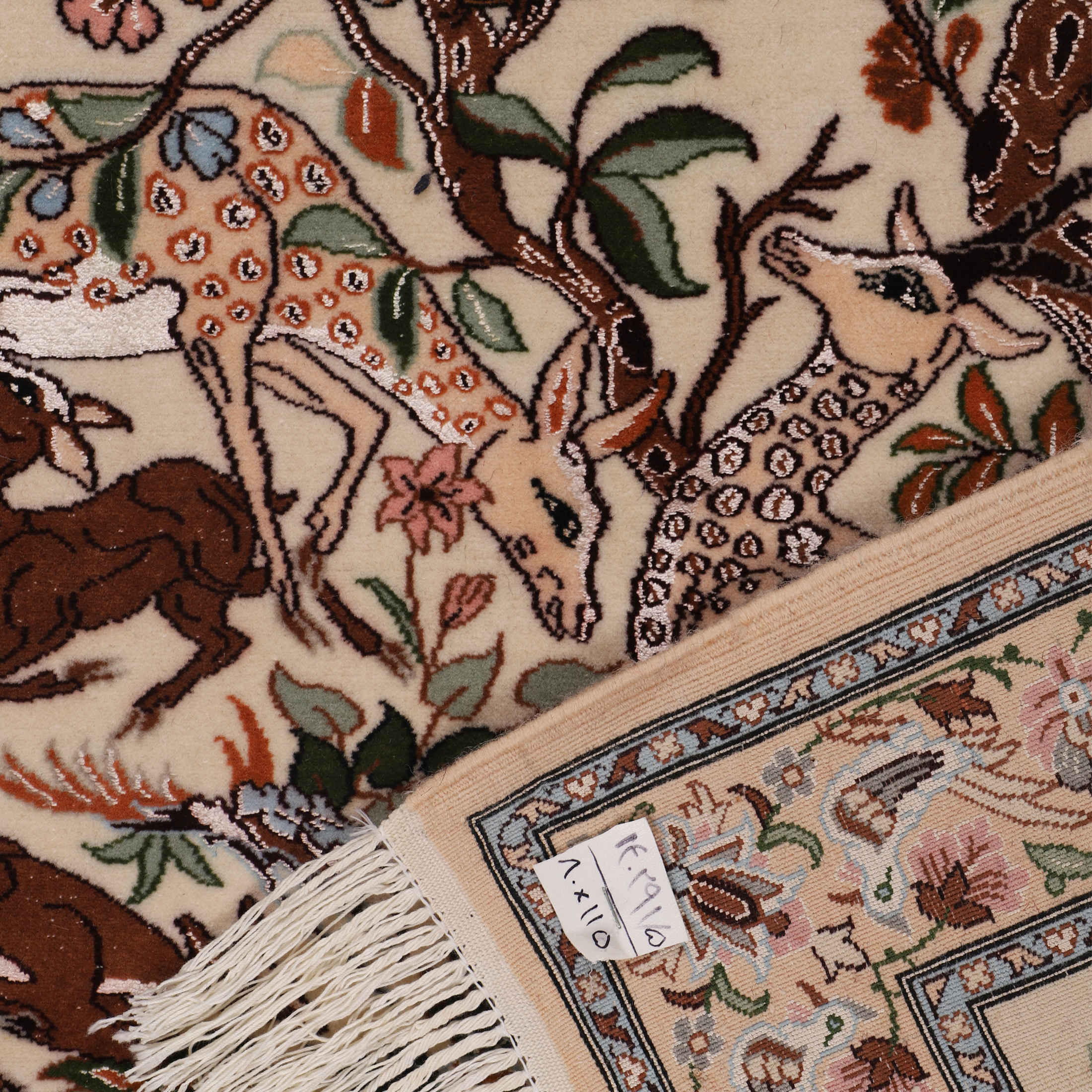 Hand-Knotted Persian Isfahan Pictorial Rug (Deer & Birds Art) – Cream Silk & Kork