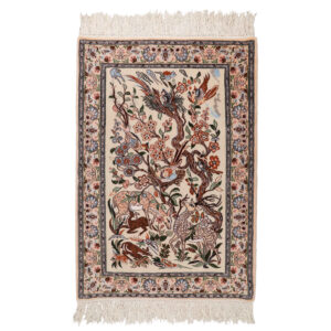 Hand-Knotted Persian Isfahan Pictorial Rug (Deer & Birds Art) – Cream Silk & Kork
