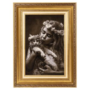 Hand-Knotted Persian Pictorial Rug from Tabriz Depicting Girl & Cat
