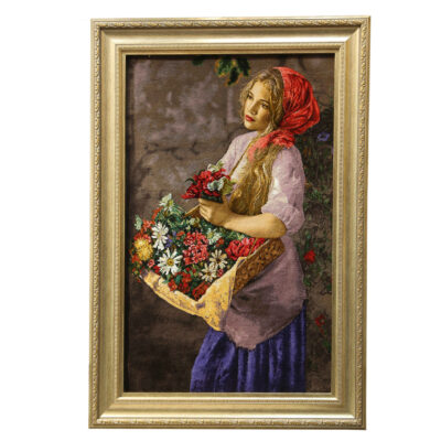 Hand-Knotted Persian Silk Pictorial Wall Hanging Rug – Girl with Flowers, Tabriz