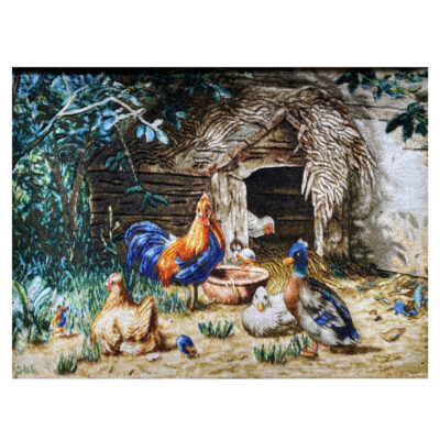 Hand-Knotted Persian Silk Pictorial Wall Hanging Rug – Chickens and Ducks, Tabriz