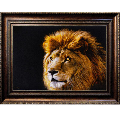 Hand-Knotted Persian Silk Pictorial Wall Hanging Rug – Black Lion Design, Tabriz