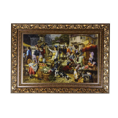 Hand-Knotted Persian Silk Pictorial Wall Hanging Rug – Fruit Market Scene, Tabriz