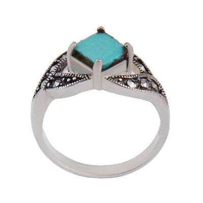 Neyshabur Turquoise Silver Gemstone Ring for Women – Handcrafted Rhodium-Plated Traditional Persian Design