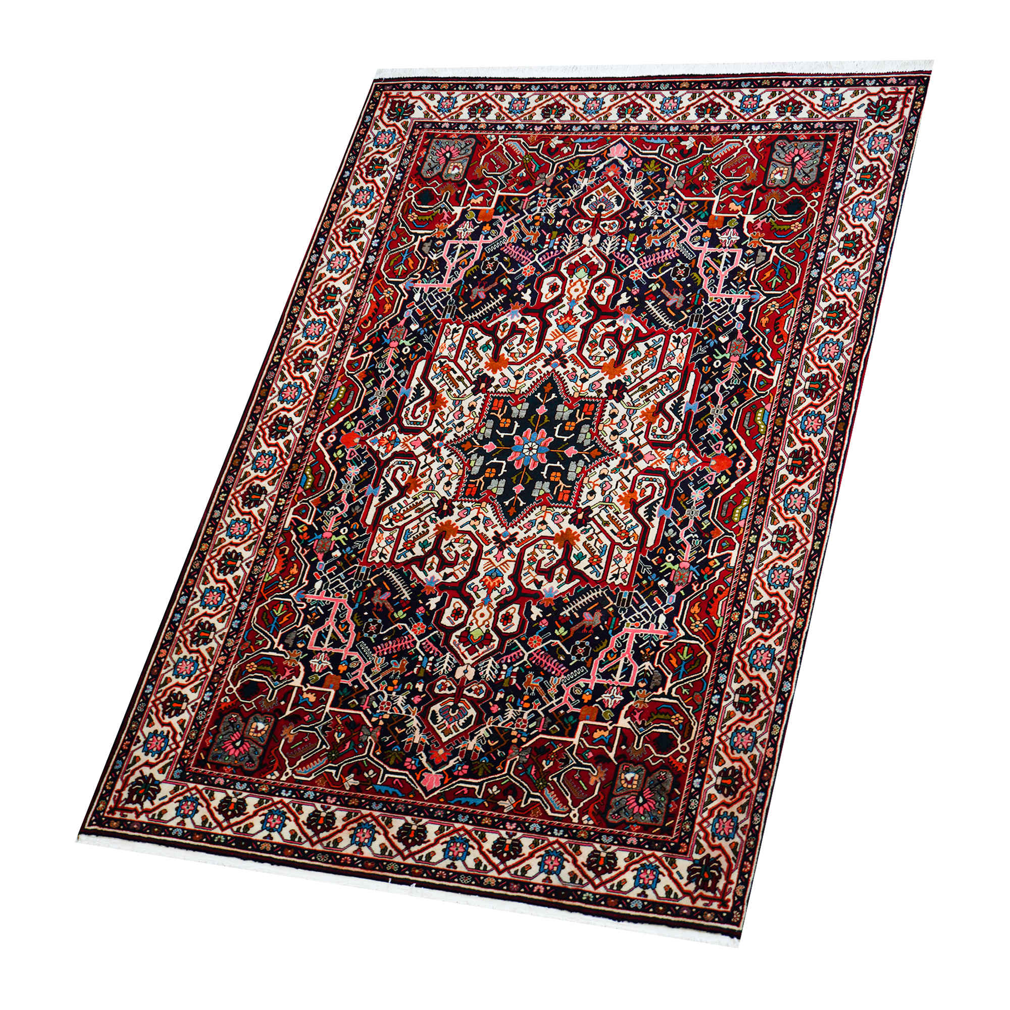 Hand-Knotted Persian Chaharmahal & Bakhtiari Heriz Rug (Floral Medallion) – Red Wool