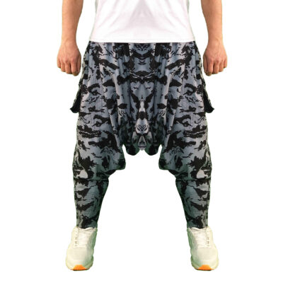 Gray Traditional Kurdish Shalwar Pants with Palangi and Camouflage Pattern