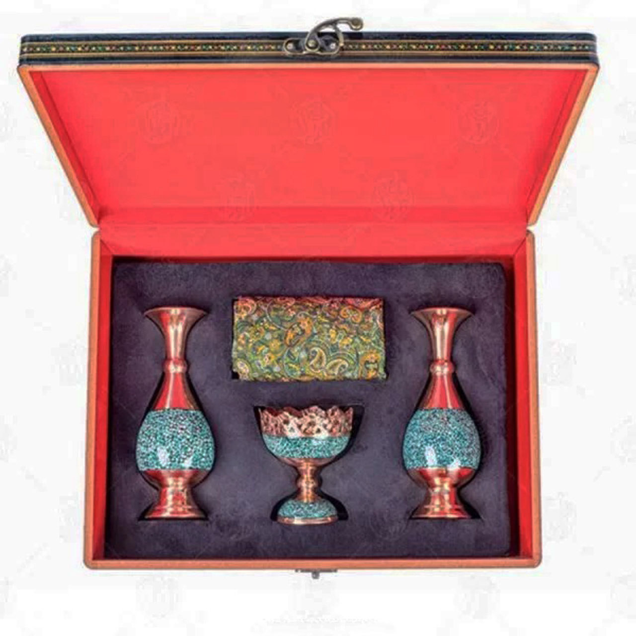 Treasured Persian Artisanal Gift Set Turquoise Inlay Vases & Fruit Bowl