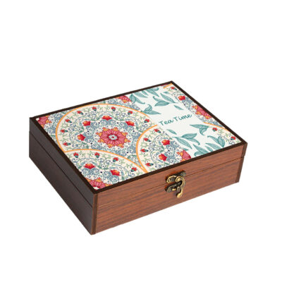4-Section Wooden Tea Organizer Box with Persian Print for Tea, Snacks & Chocolate