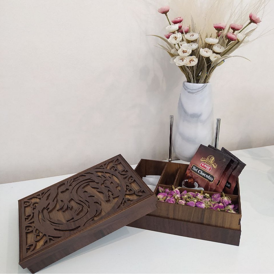 Wooden Tea Organizer with 4 Slots & Matching Coasters