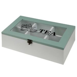White & Turquoise 6-Compartment Wooden Tea Bag Holder