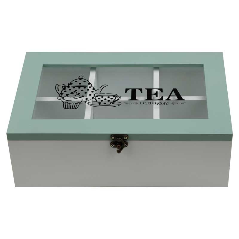 White & Turquoise 6-Compartment Wooden Tea Bag Holder