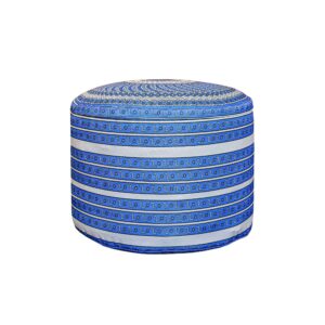 Artisanal Round Pouf with White & Blue Fabric