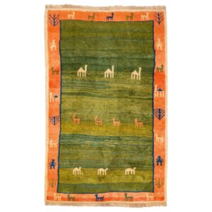 Genuine Handwoven Persian Minimalist Gabbeh Rug – Bordered Green Wool