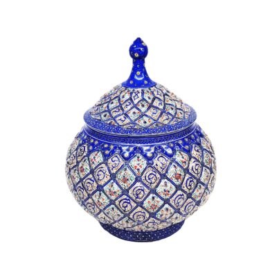Handcrafted Persian Copper Sugar Bowl with Lid - Minakari Enameled Blue