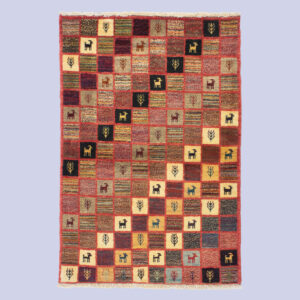 Genuine Handwoven Persian Geometric Gabbeh Rug – Checkered Pink Animal Motifs Wool