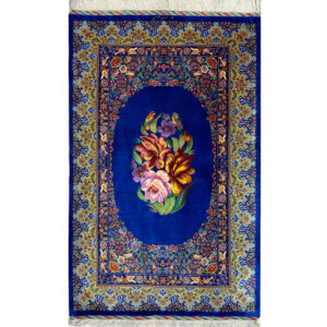 Hand-Knotted Persian Qom Silk Rug (Fine Art Floral Medallion) – Blue