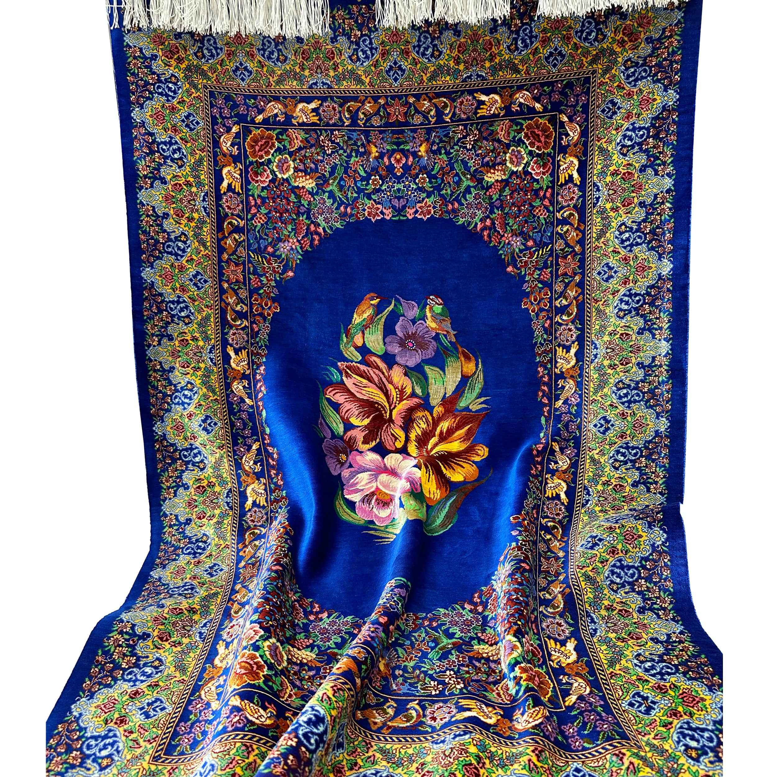 Hand-Knotted Persian Qom Silk Rug (Fine Art Floral Medallion) – Blue