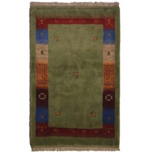 Handwoven Persian Minimalist Gabbeh Rug – Bordered Green Wool