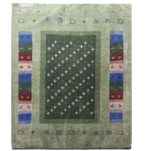 Handwoven Persian Geometric Gabbeh Rug with Animal Motifs – Green Wool