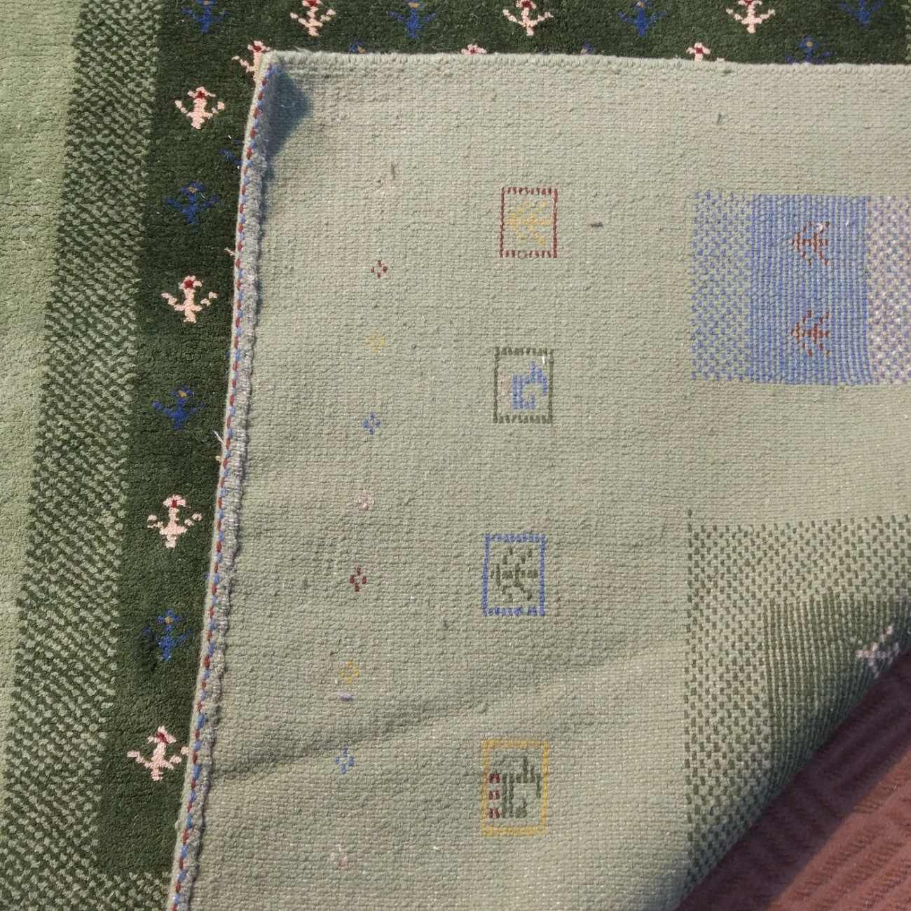 Handwoven Persian Geometric Gabbeh Rug with Animal Motifs – Green Wool