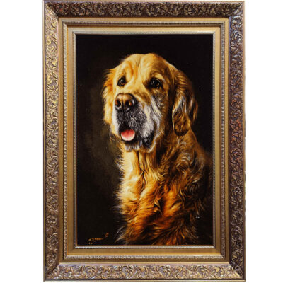 Hand-Knotted Persian Silk Pictorial Wall Hanging Rug – Golden Retriever Design, Tabriz