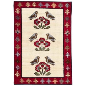 Handwoven Persian Pictorial Gabbeh Rug – Birds & Flowers Cream Wool