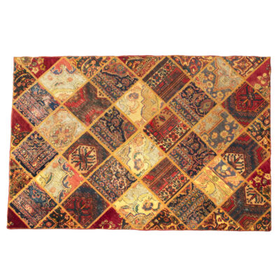 Vintage Persian Hand-Knotted Patchwork Carpet Geometric Cream & Red