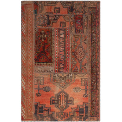 Vintage Persian Hand-Knotted Patchwork Carpet Brick Red