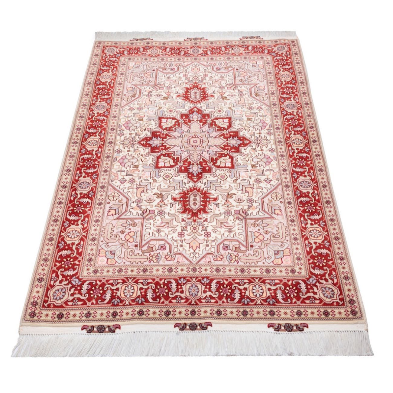 Hand-Knotted Persian Tabriz Rug (Lachak Toranj Floral Medallion) – Red Silk & Wool