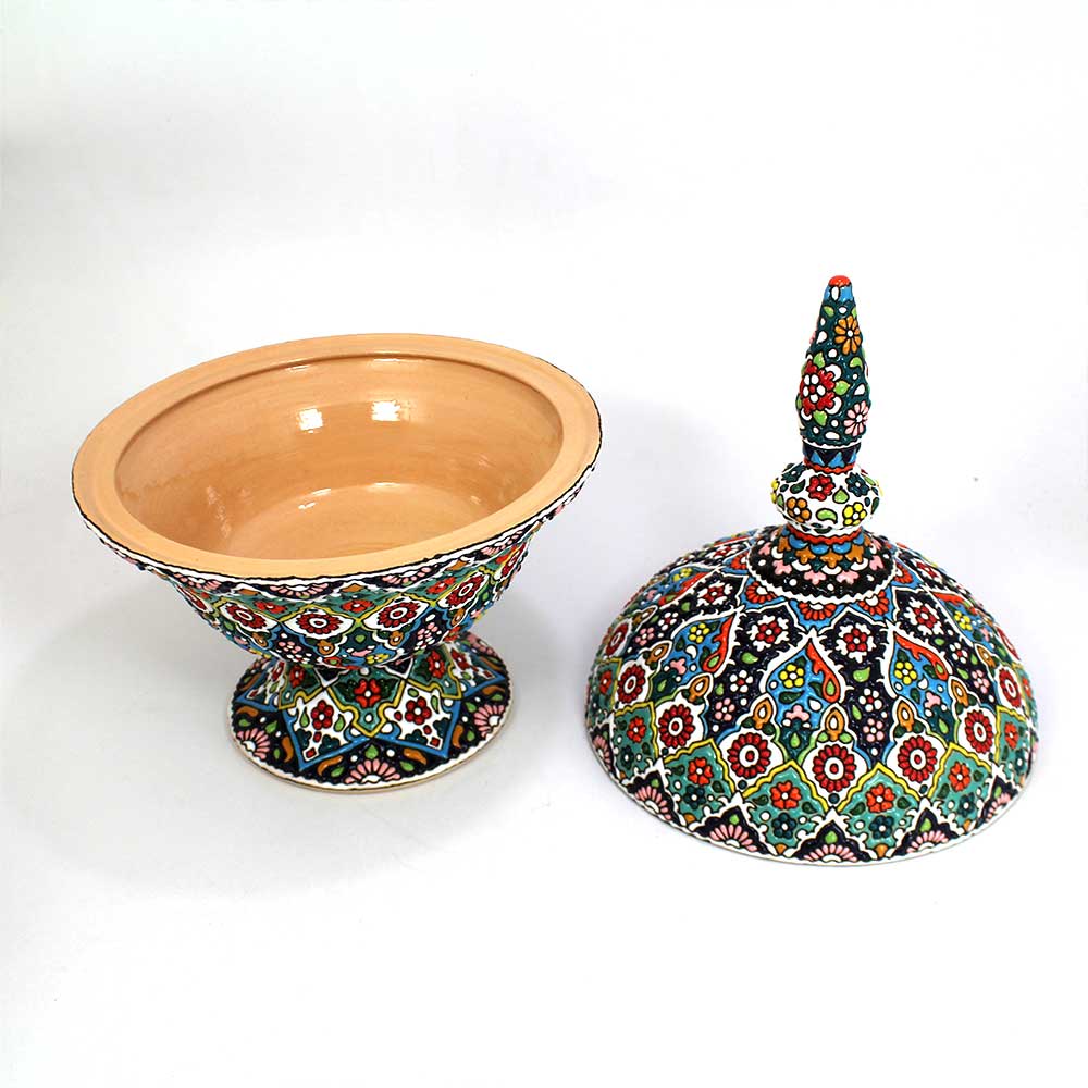 Handcrafted Persian Pottery Sugar Bowl with Lid – Minakari Enameled Artistic Sky