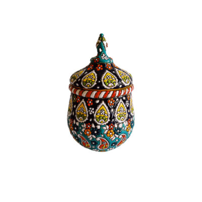 Handcrafted Persian Pottery Sugar Bowl with Lid - Minakari Enameled Kreshmeh