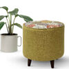 Round Footstool Floral Green with Wooden Legs