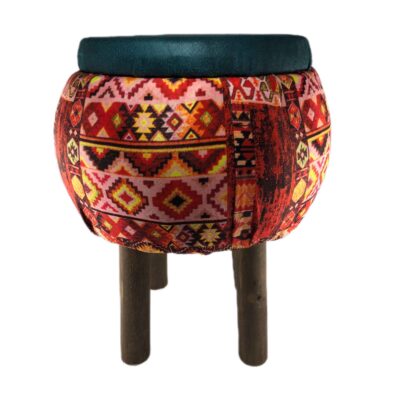 Velvet Footstool with Wooden Legs Inspired by Persian Art Round and with Red Color