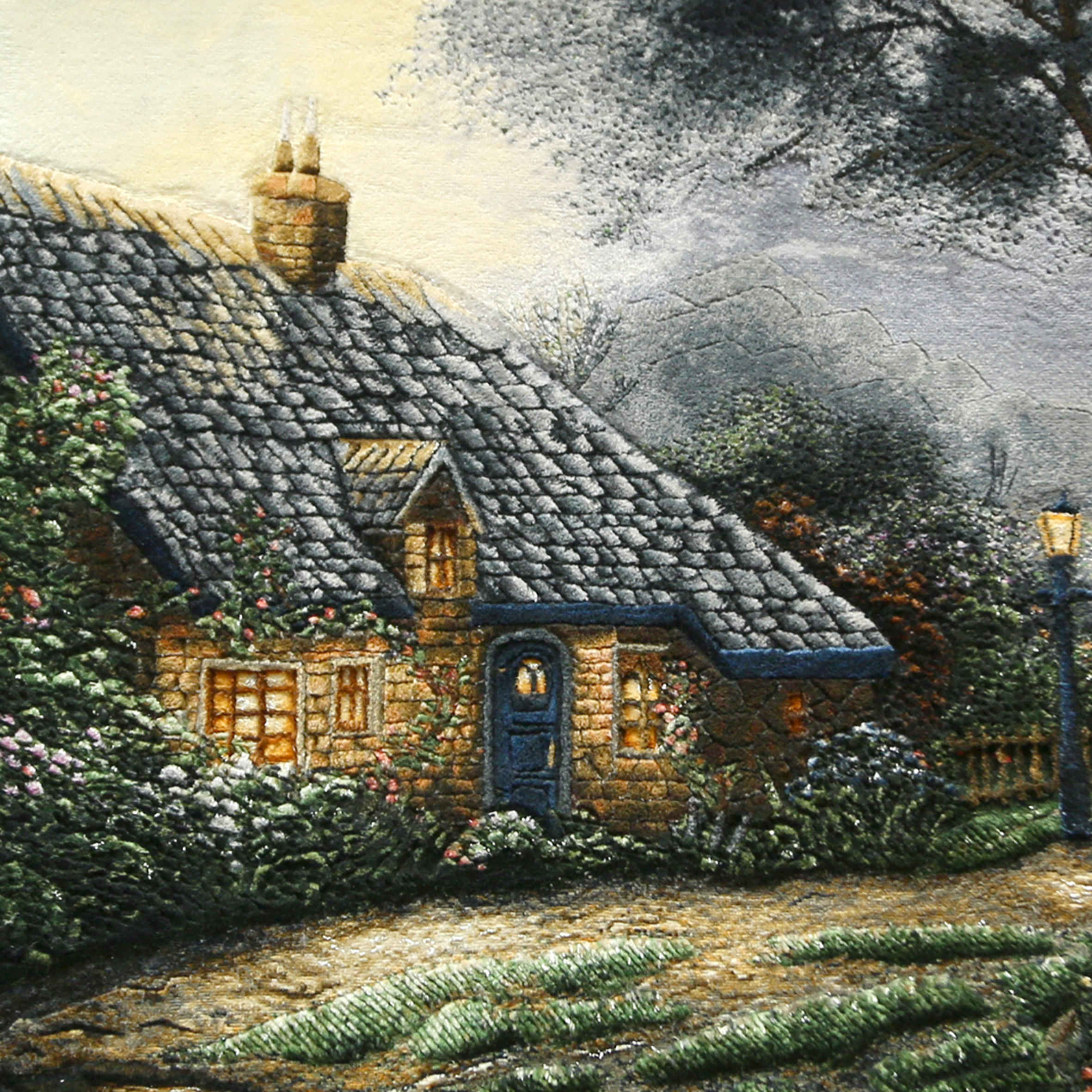 Hand-Knotted Persian Pictorial Rug from Tabriz Depicting Thomas Kinkade Foxglove Cottage