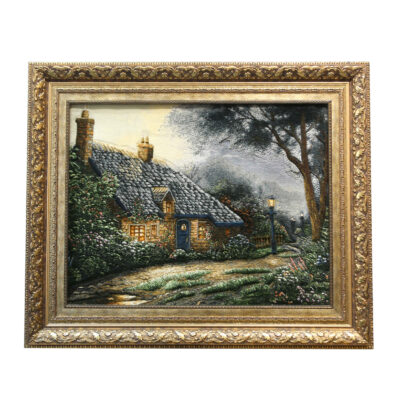 Hand-Knotted Persian Silk Pictorial Wall Hanging Rug – Foxglove Cottage by Thomas Kinkade, Tabriz