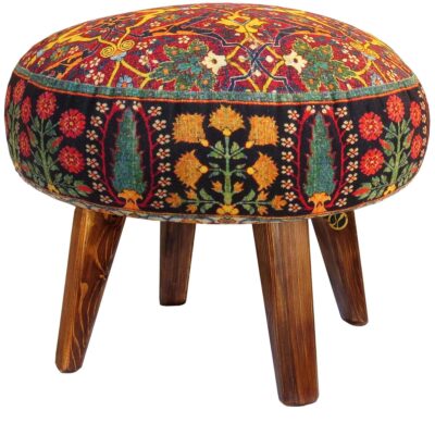 Traditional Red Persian Footstool with Wooden Legs and Velvet Fabric Floral