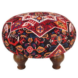 Traditional Red Persian Footstool with Wooden Legs and Velvet Fabric
