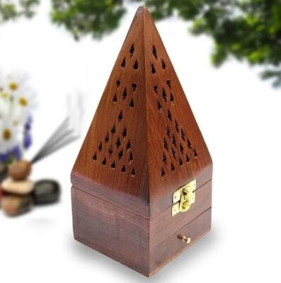 Portable Wooden Bakhoor Burner and Incense Warmer Brass Pyramid
