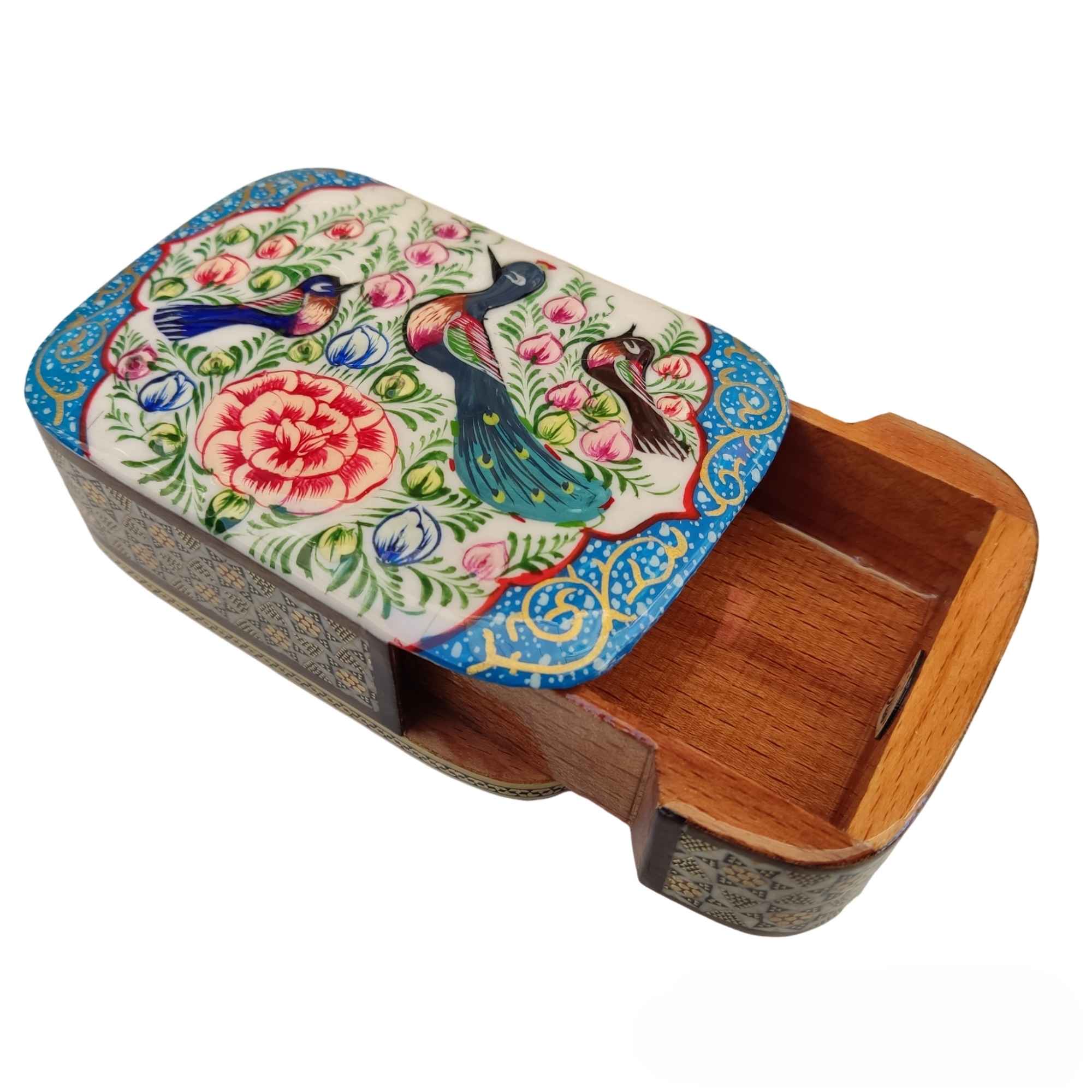 Persian Wooden Playing Card Box – Khatam Enameled Birds & Flowers