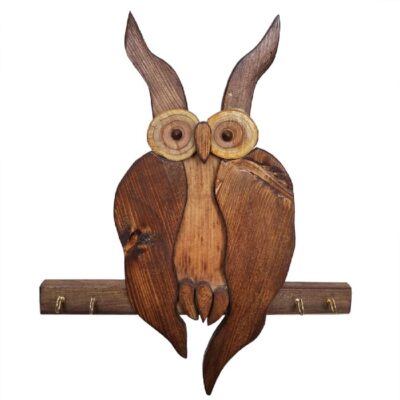 Handcrafted Wooden Wall Key Holder with Long-Eared Owl Design for Entryway