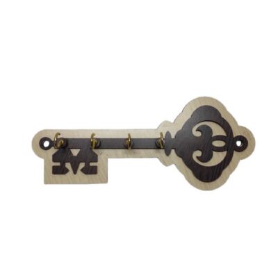 Handcrafted Wooden Wall Key Holder with Key Design and Four Hooks
