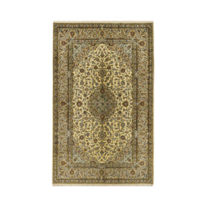Hand-Knotted Persian Kashan Rug (Lachak Toranj Floral Medallion) – Cream Cotton & Wool