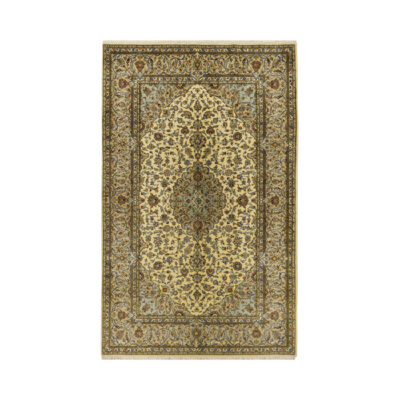 Hand-Knotted Persian Kashan Rug (Lachak Toranj Floral Medallion) - Cream Cotton & Wool