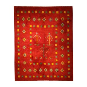 Authentic Handwoven Persian Geometric Gabbeh Rug – Bordered Red Wool