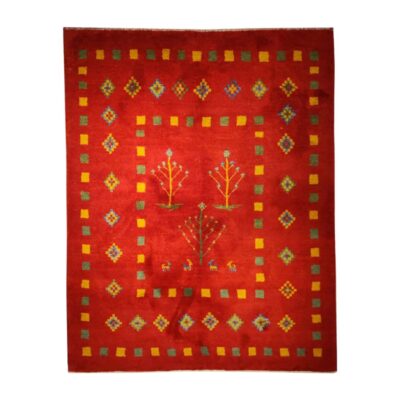 Authentic Handwoven Persian Geometric Gabbeh Rug - Bordered Red Wool