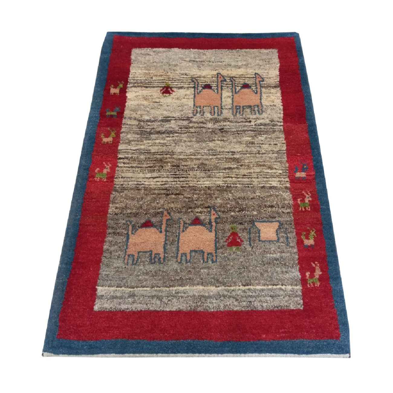 Authentic Handwoven Persian Minimalist Gabbeh Rug – Camel Motif Cream Wool