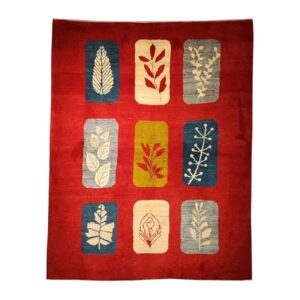 Authentic Handwoven Persian Pictorial Gabbeh Rug – Leaf Motifs Red Wool